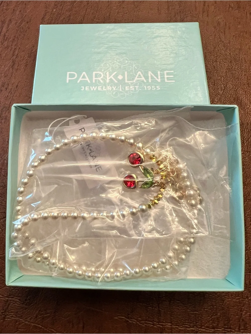 Park Lane Pearl Necklace with Red Cherry Pendant & CZ Heart Charm, 16”+3”, NWT